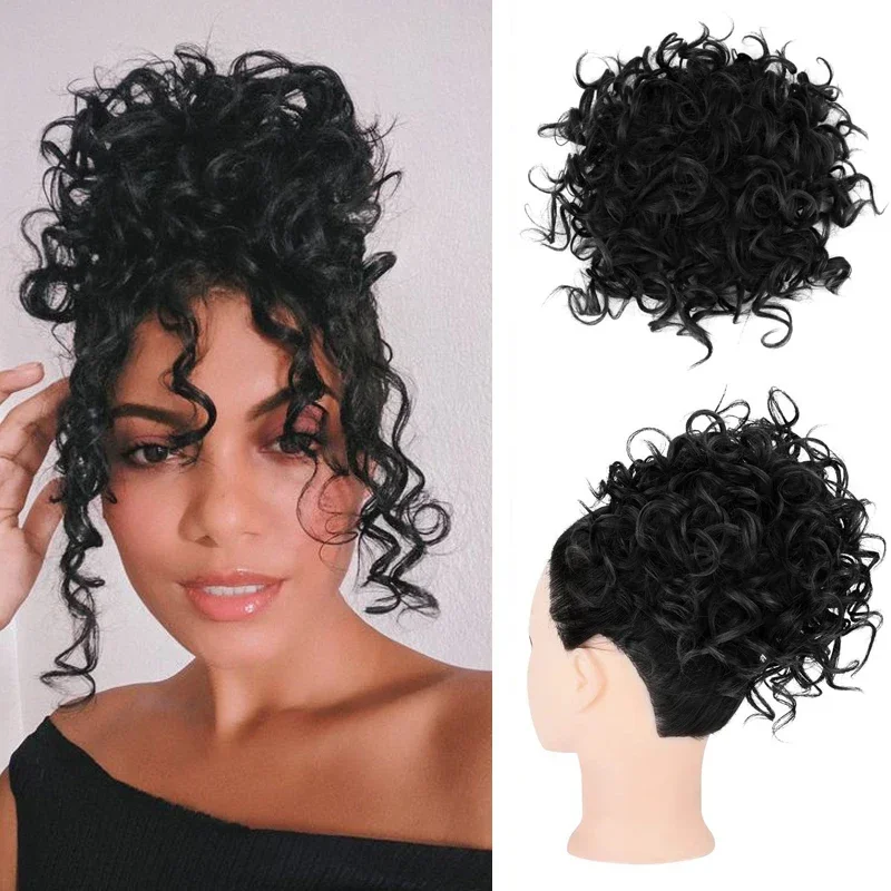 Synthetic Short Messy Curly Hair Bun for Women Wave Elastic Drawstring Hair Buns Ponytail Puffy Curly Fake Hairpiece Extensions