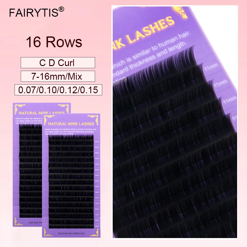 FAIRYTIS 16 Rows Classic Individual Eyelash Extensions Matte Black 0.07/0.10/0.12/0.15mm Soft Natural Faux Mink