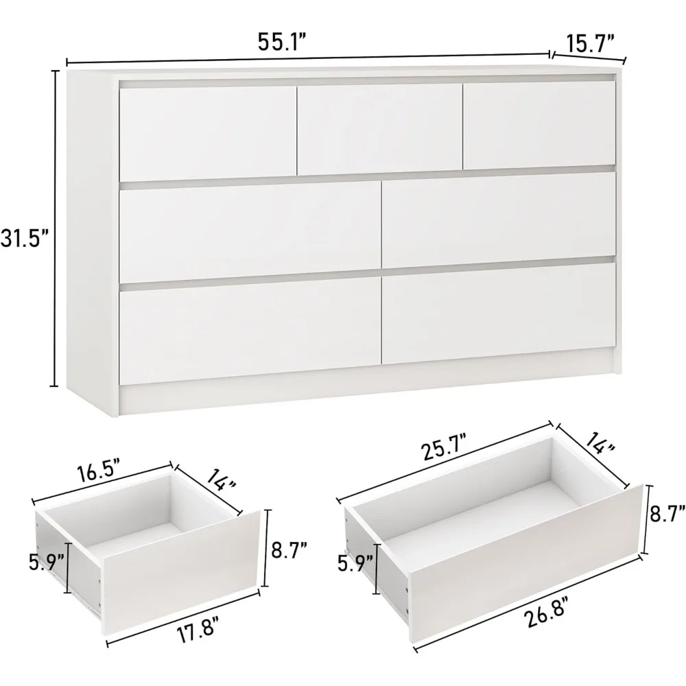 White  Dresser for Bedroom, 55 Inch Long Dresser High Gloss Dresser with 7 Drawers,Modern Large Wood Chest of Drawer Handle Free