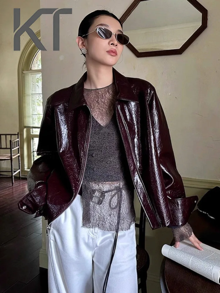 

KT 2026 New Women's Burgundy Crinkled Patent Leather Jacket Oversized Padded Shoulder Zip Up Biker Jackets
