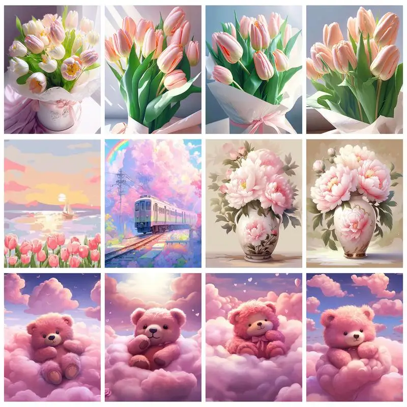 RUOPOTY Painting By Numbers Pink Tulip Bouquet Oil Picture Drawing Coloring By Numbers Acrylic Kits Handmade Gift Decor For Home