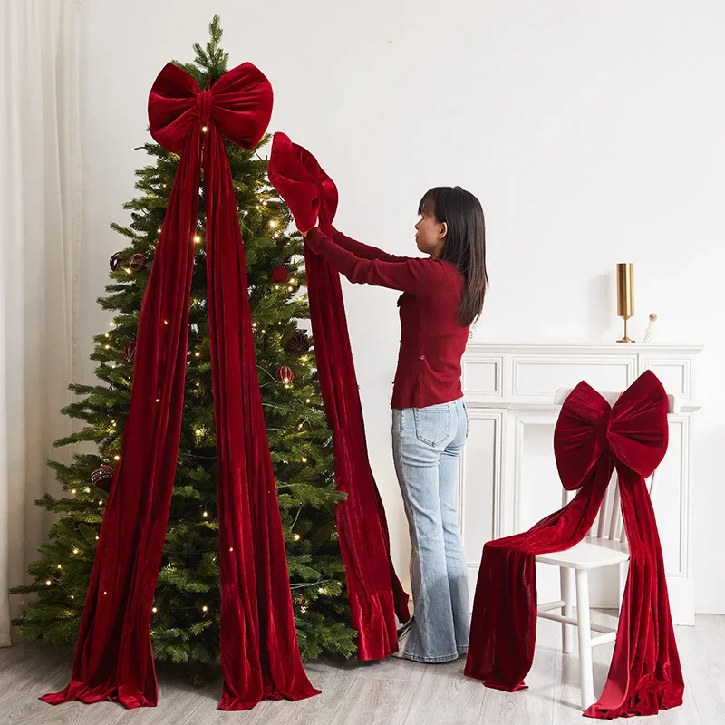 1 pc Large Christmas Bow Pendant Wine Red Flocked Tree Ornament Extra Large Holiday Doorway Home Party Decor Gift