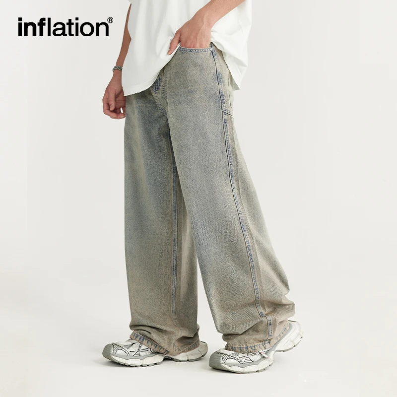 INFLATION-Jean Délavé à Coutures Irrégulières pour Homme, Pantalon en Denim à Jambes Larges, Streetwear Respiré