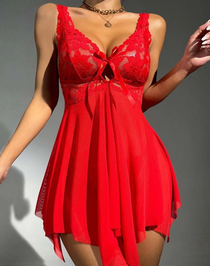 Women's Dress Glamorous Romantic V Neck Contrast Lace Spaghetti Strap Babydolls Sexy See Rhrough Sheer Mesh Mini Sleep Dress