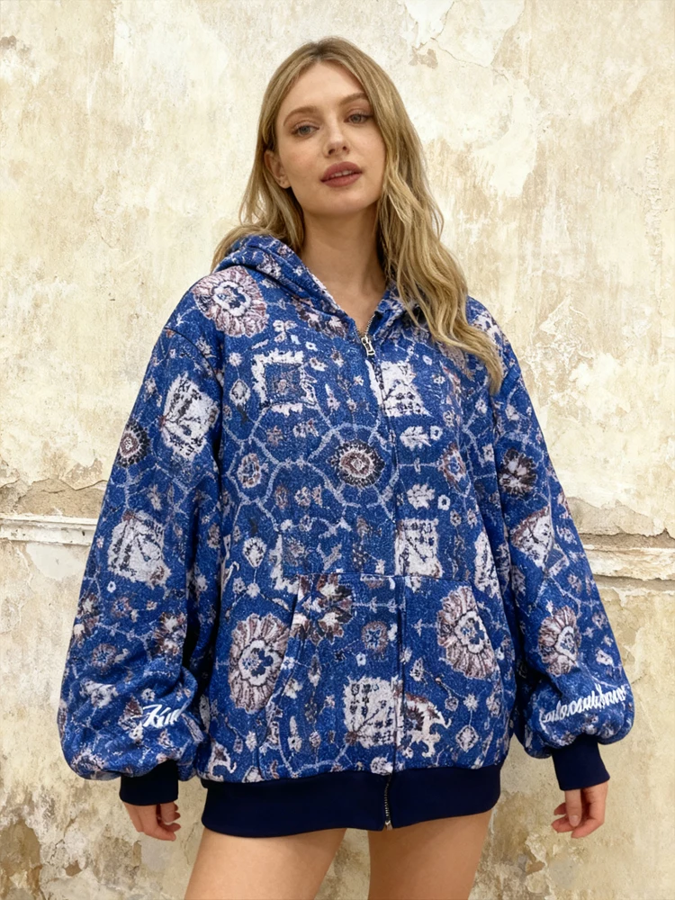 

Синяя толстовка с ковровым принтом в стиле ретро, подходит для мужчин и женщин, богемная уличная одежда, спортивная одежда на молнии большого размера, осень и