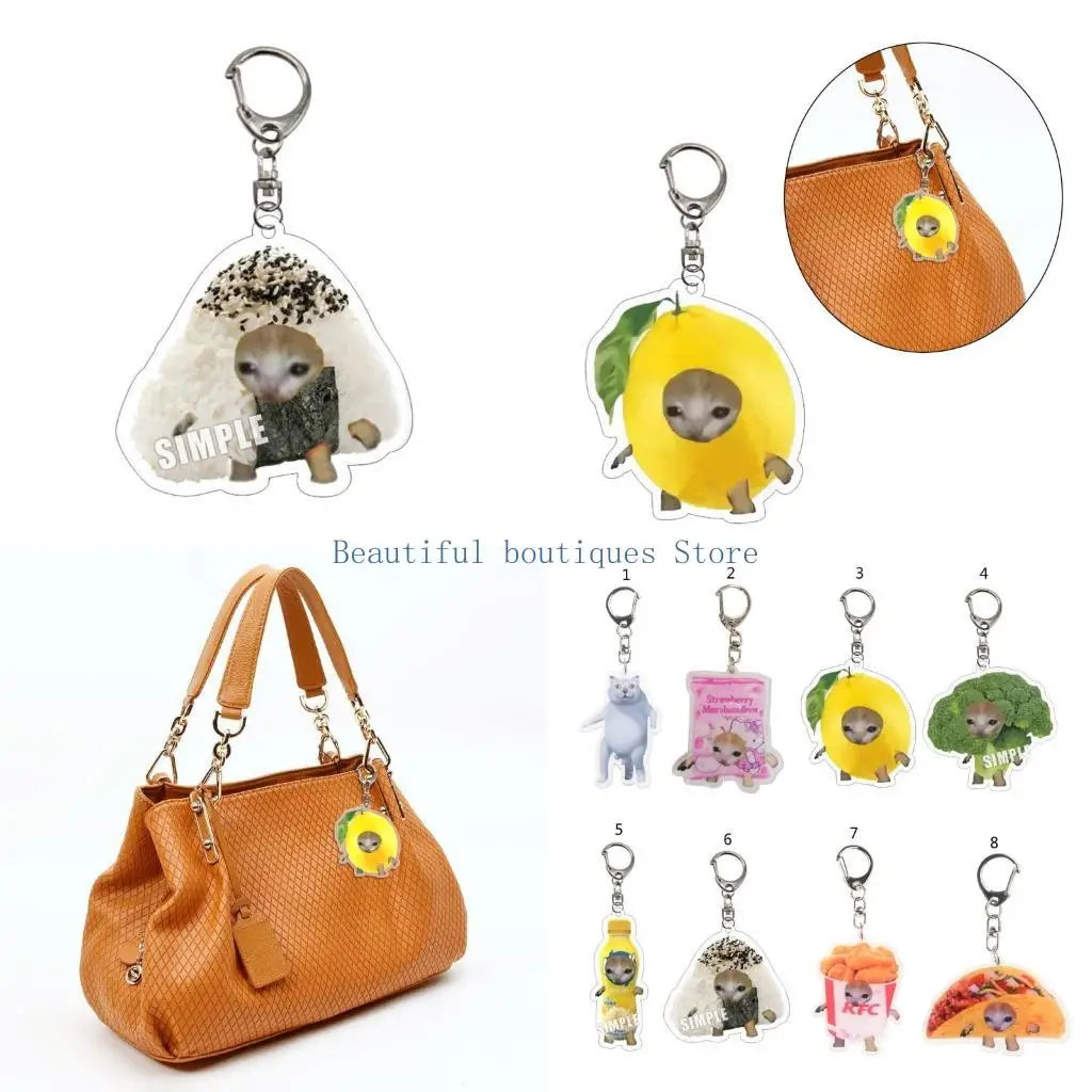 U4LF Funny Acrylic Keychain with Strange Food Cat Pendant for Students Cat Lover Humorous Backpack Pendant Keyring Unisex