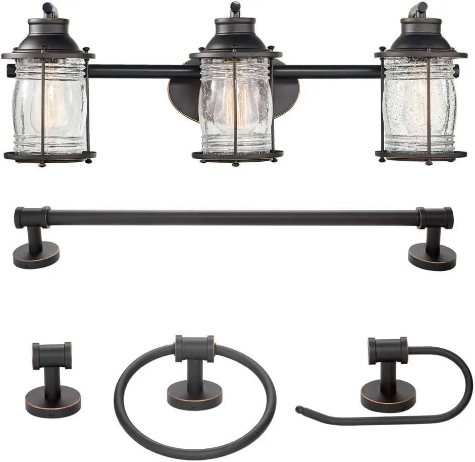 

51549 5-Piece Bathroom Accessory Set, with Vanity, Oil Rubbed Bronze, 3-Light Vanity Light, Ribbed Seeded Glass Shades,