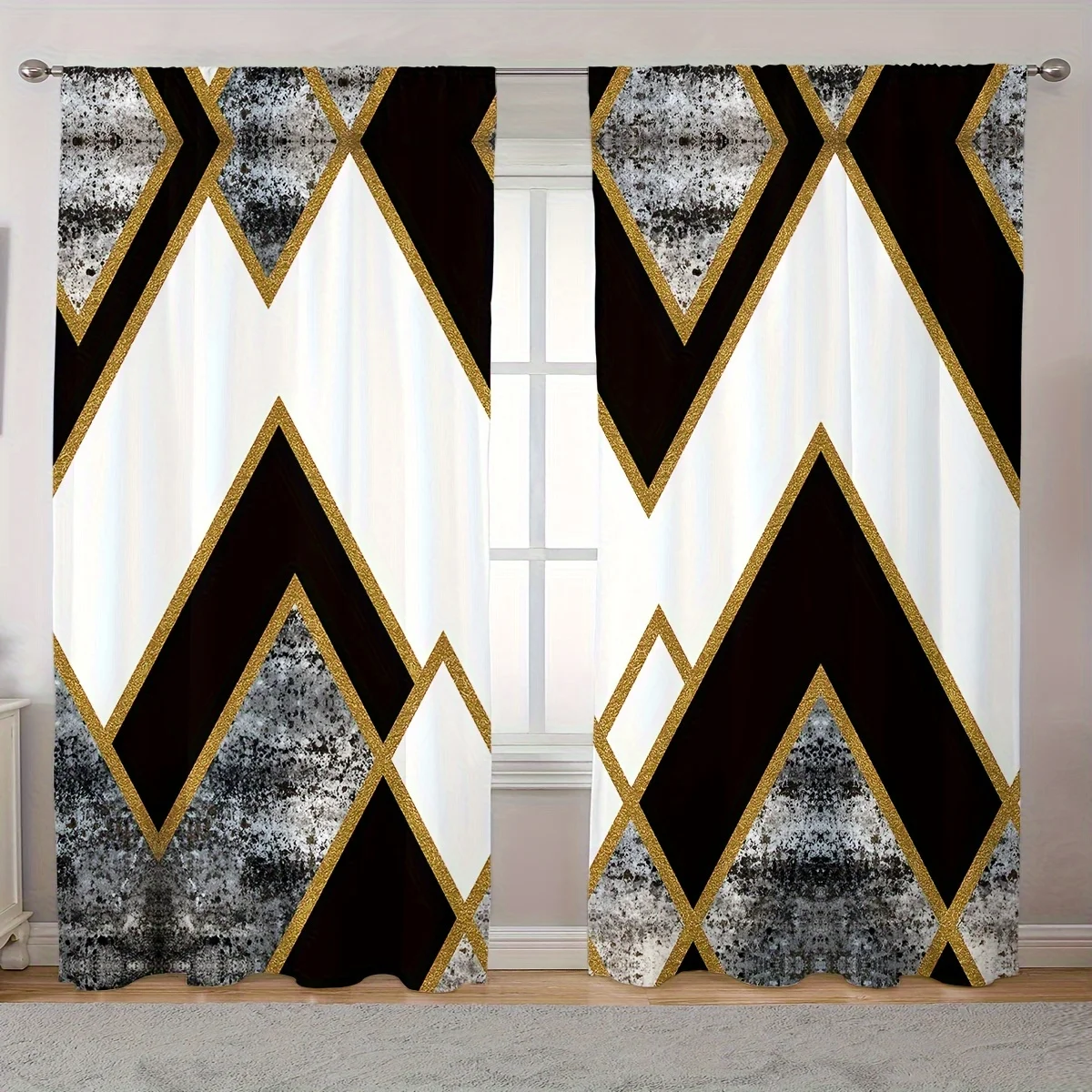 2 Panel Geometric Checkered Striped Print Curtains for Bedroom Living Room Floor-to-ceiling Window Kitchen Blinds Rod Pocket