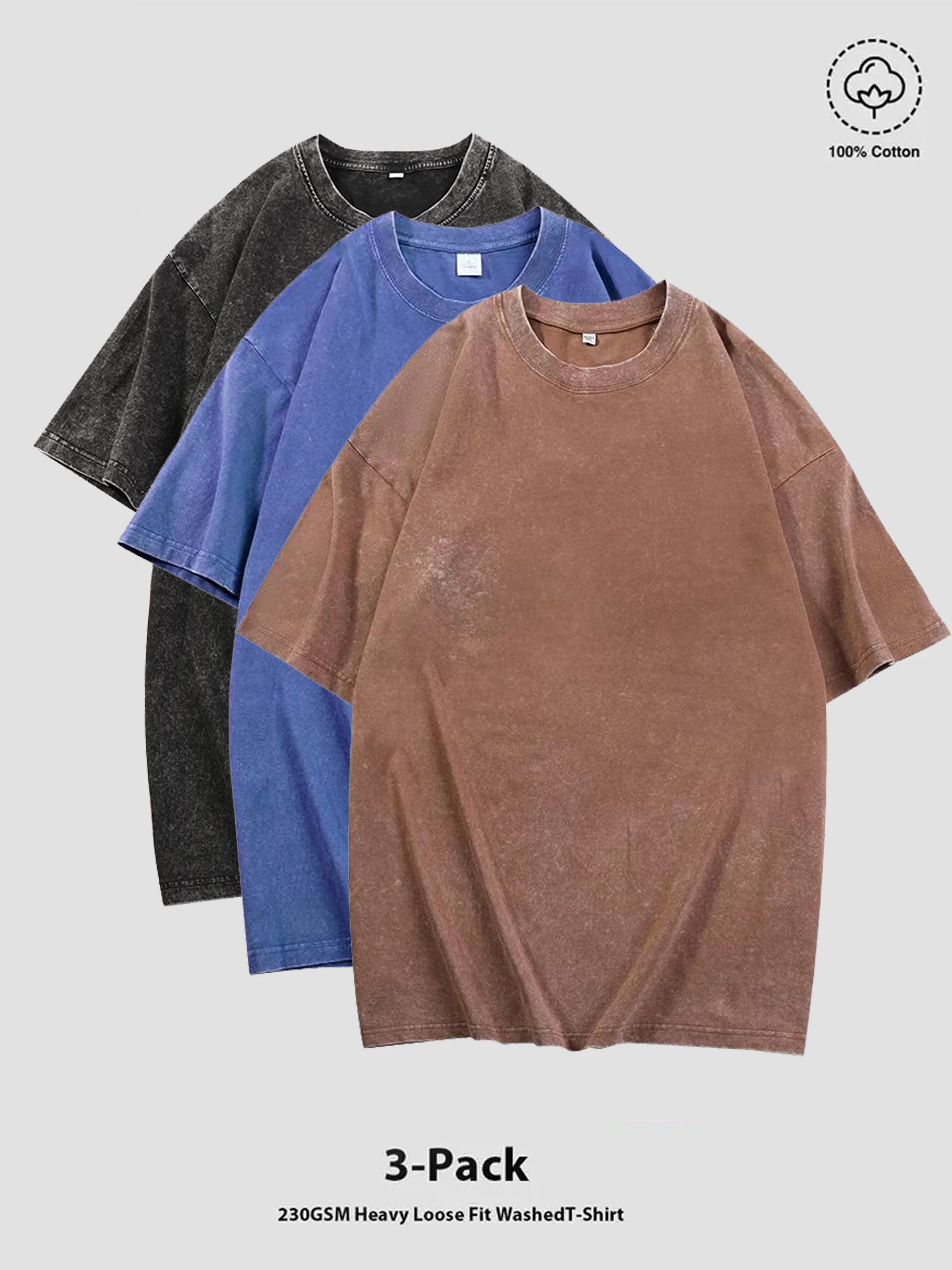 

3-Piece Set 100% Cotton Loose-fit Retro Washed Top (Sports & Casual T-shirt) Suitable as gifts for various festivals