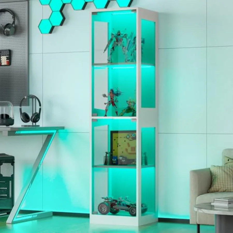 Glass display cabinet with RGB lights for collectibles, 4-tier curio shelf in clear glass and black finish, ideal for playroom