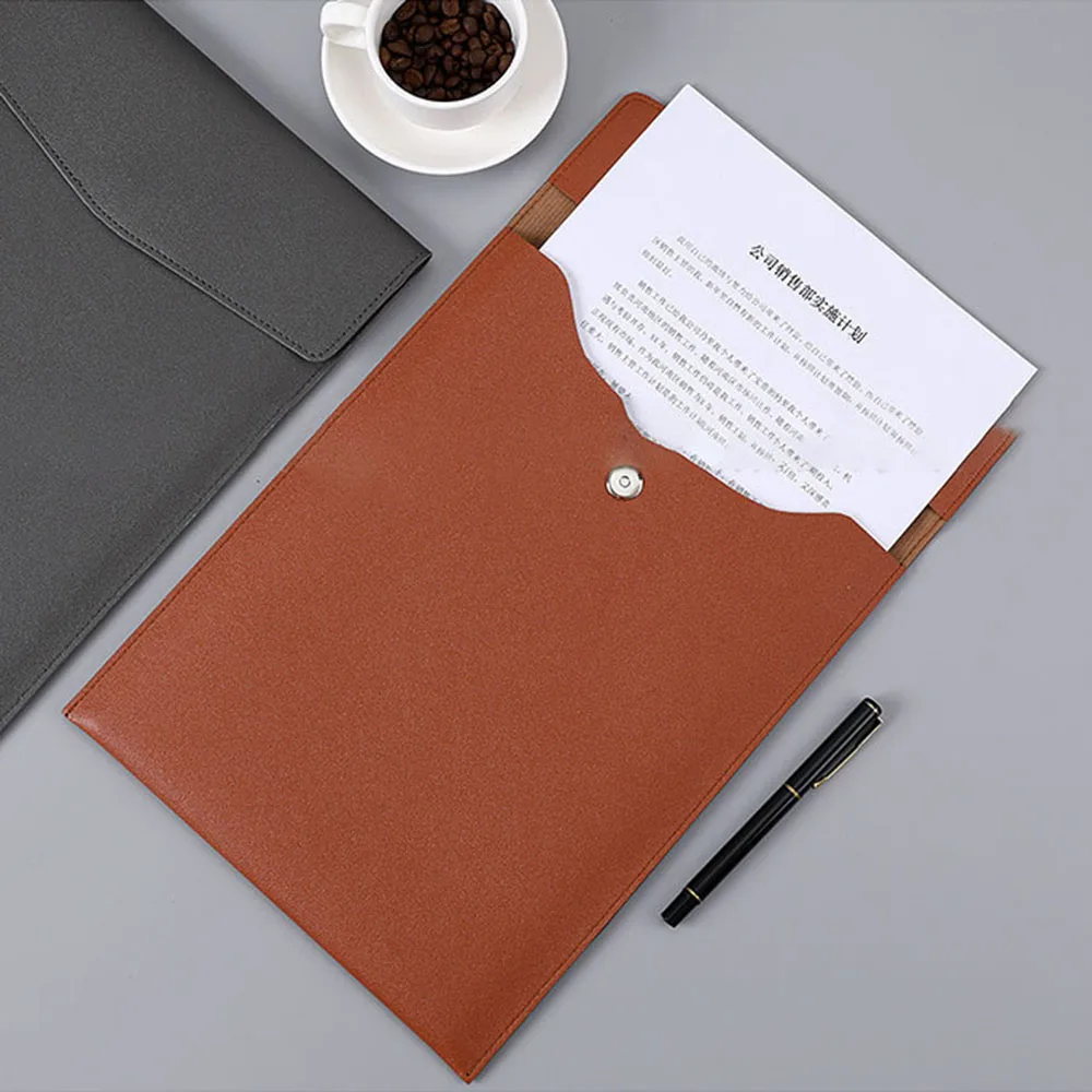 Documents Pouch Snap Closure A4 File Pocket File Folder File Bag Faux Leather School Large Capacity Office Business Dustproof