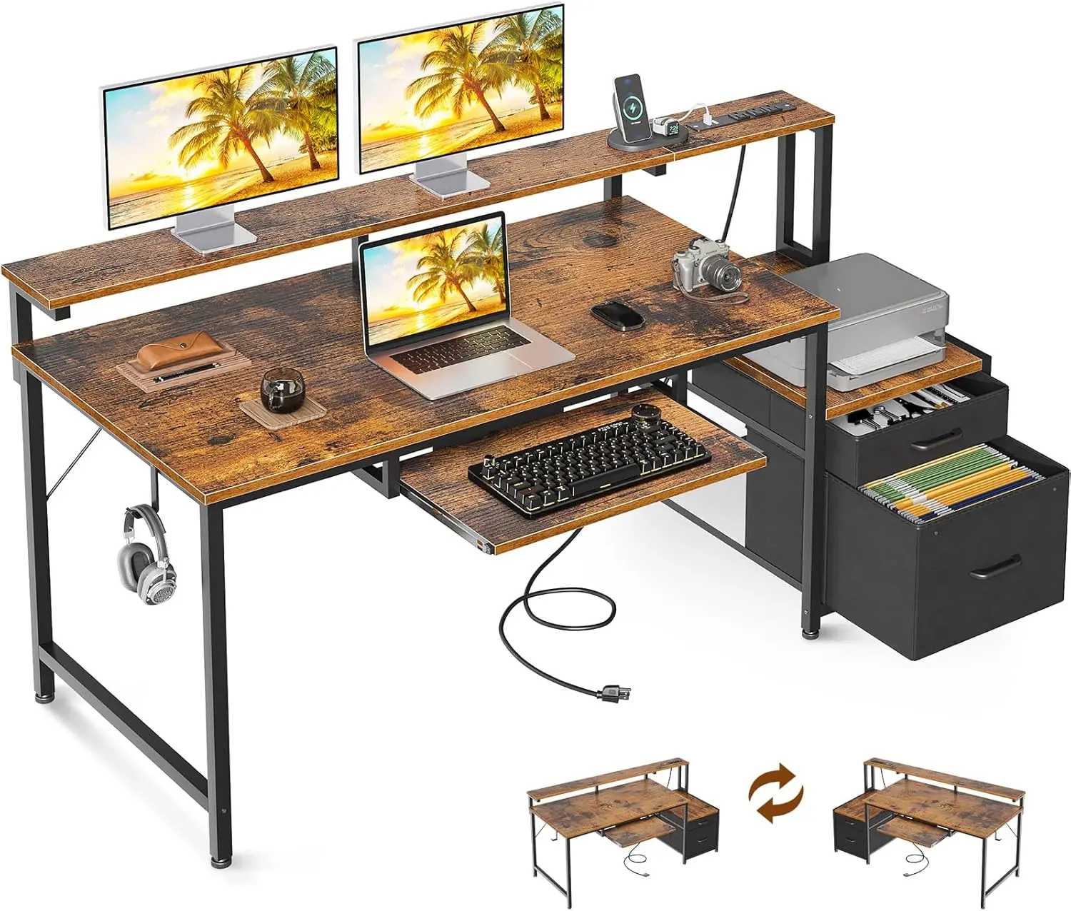 

Computer Desk with Drawers, 55' Office Desk w/ Keyboard Tray & Power Outlet, Reversible Study Desk w/ Printer Space & File Drawe