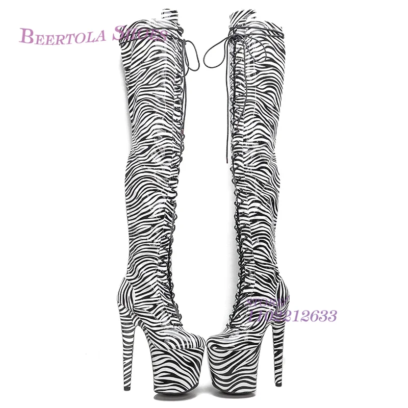 Zebra Striped Knee Tight Boots Platform Women Black White Belt Buckle Thigh Wrap Stiletto Heel Booties Spring Leather Pole Shoes