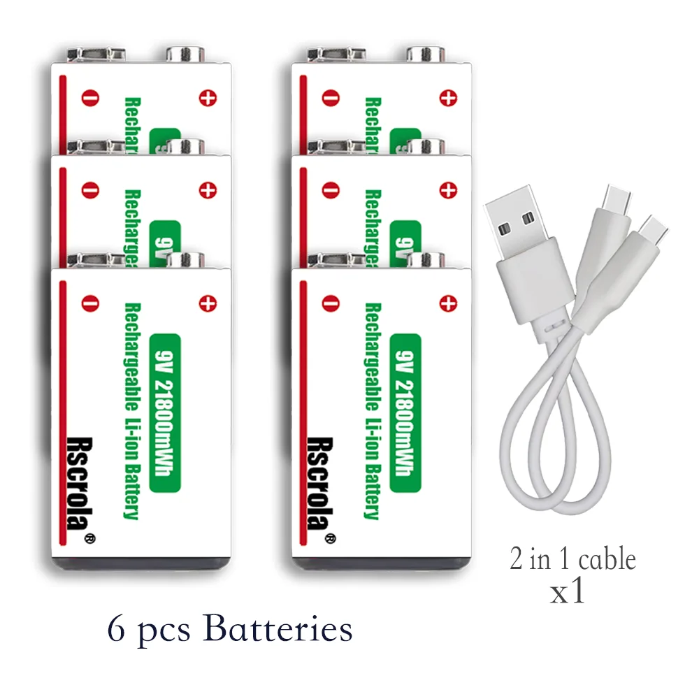 Langdurige 9V Lithium-ion Oplaadbare Batterij 21800mWh Hoge Capaciteit voor Gitaar Microfoon Rookmelder Pedaal met Kabel