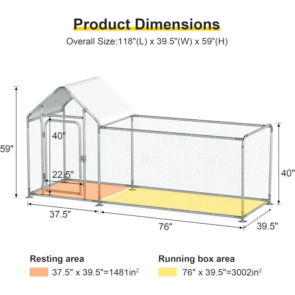 حظيرة دجاج معدنية خارجية مع تشغيل لـ 15-20 دجاجة، 118 لتر × 39.4 عرض × 59 ساعة، تصميم مشي للبط والدجاج والدواجن