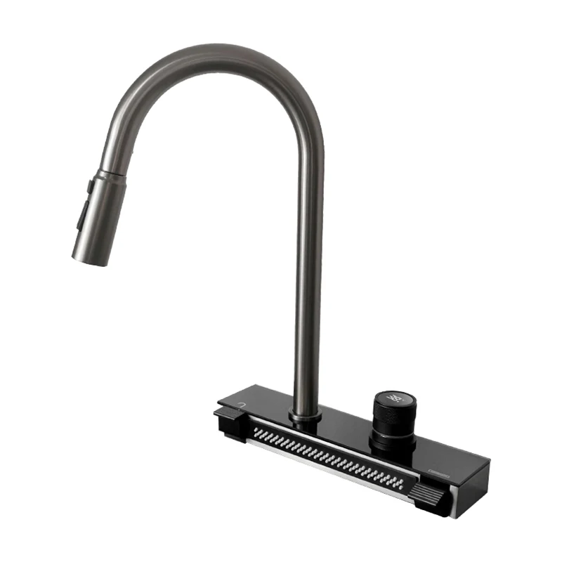 Gray Waterfall Faucet Kitchen Sink Basin Bowl Mixer Hot Cold Pullout Watering Faucet Multifunction Waterfall Piano Keys Faucet