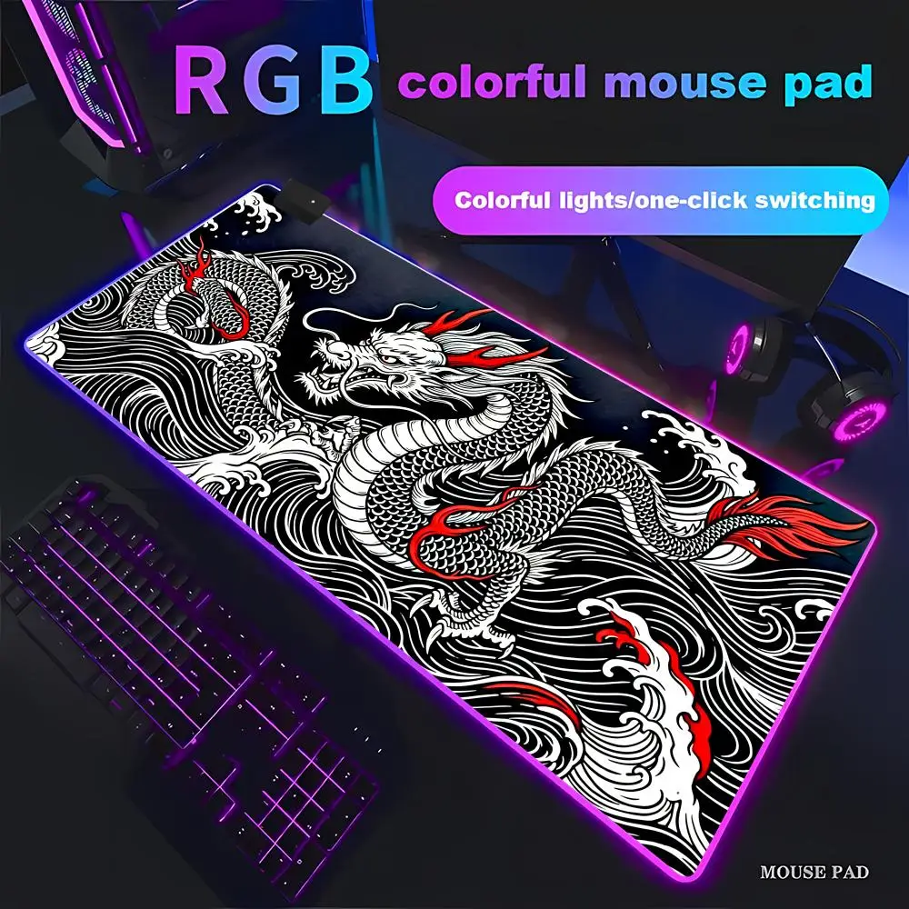 

HYBXAXC Red Black Dragon Wave Art Mouse Pad Traditional Anti-Slip RGB Gaming Mouse HD Gamer Large LED Light Computer Non-slip