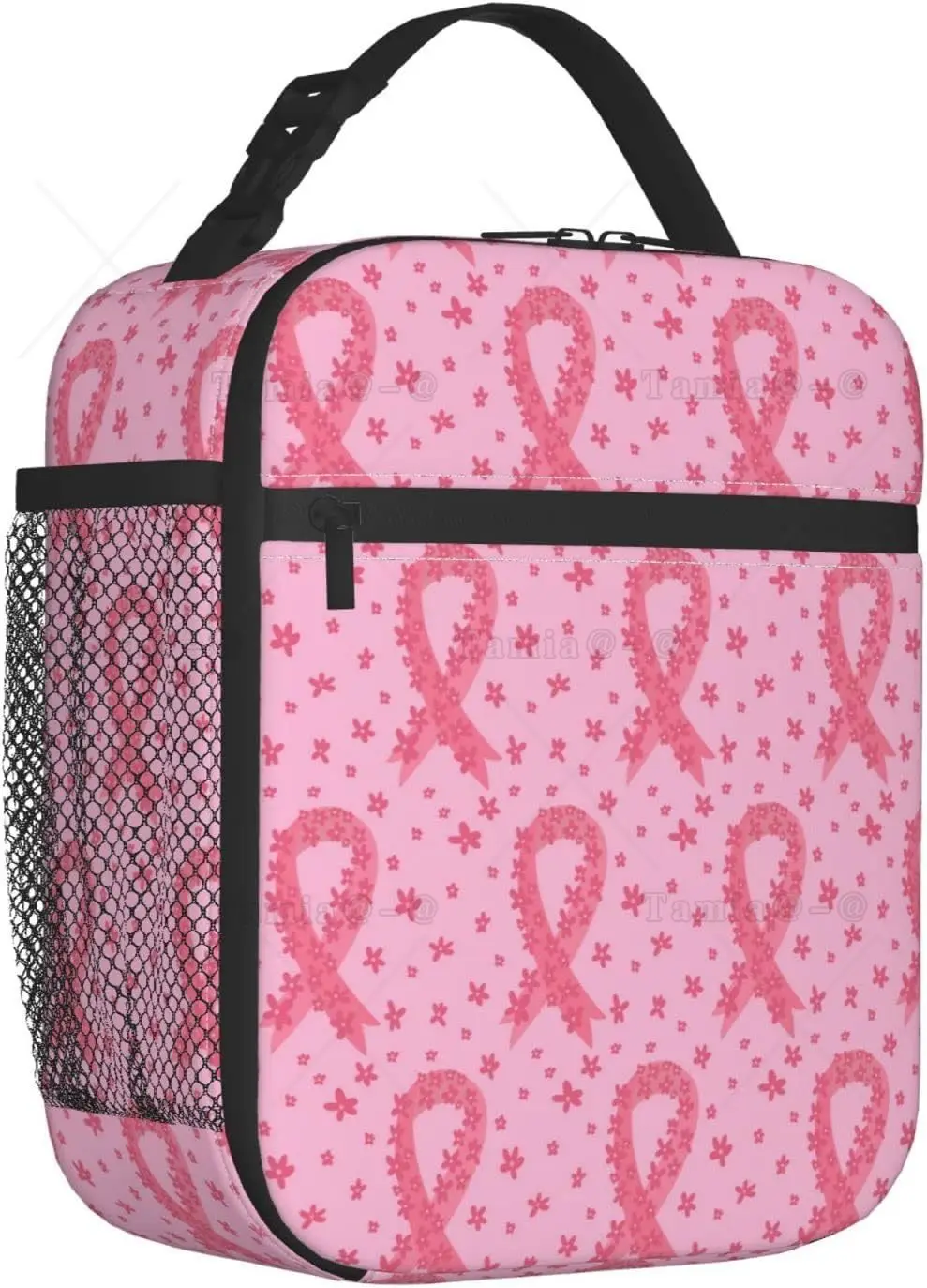 Pink Ribbon Breast Cancer Awareness Flowers Insulated Lunch Bag Lunch Box for Women and Men Meal Tote Bag for Office Travel