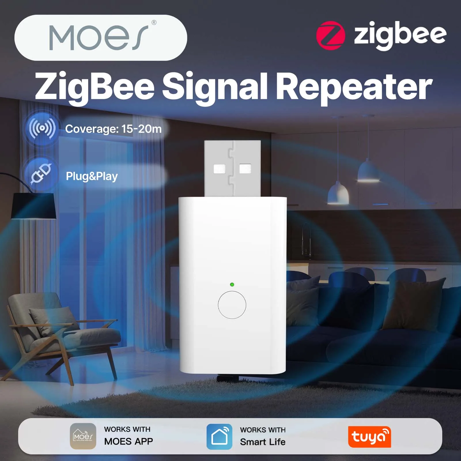 

MOES Tuya ZigBee3.0 Signal Repeater Amplifier USB Port Range Extender Smart Home Device Expand Wireless Work With ZigBee Gateway
