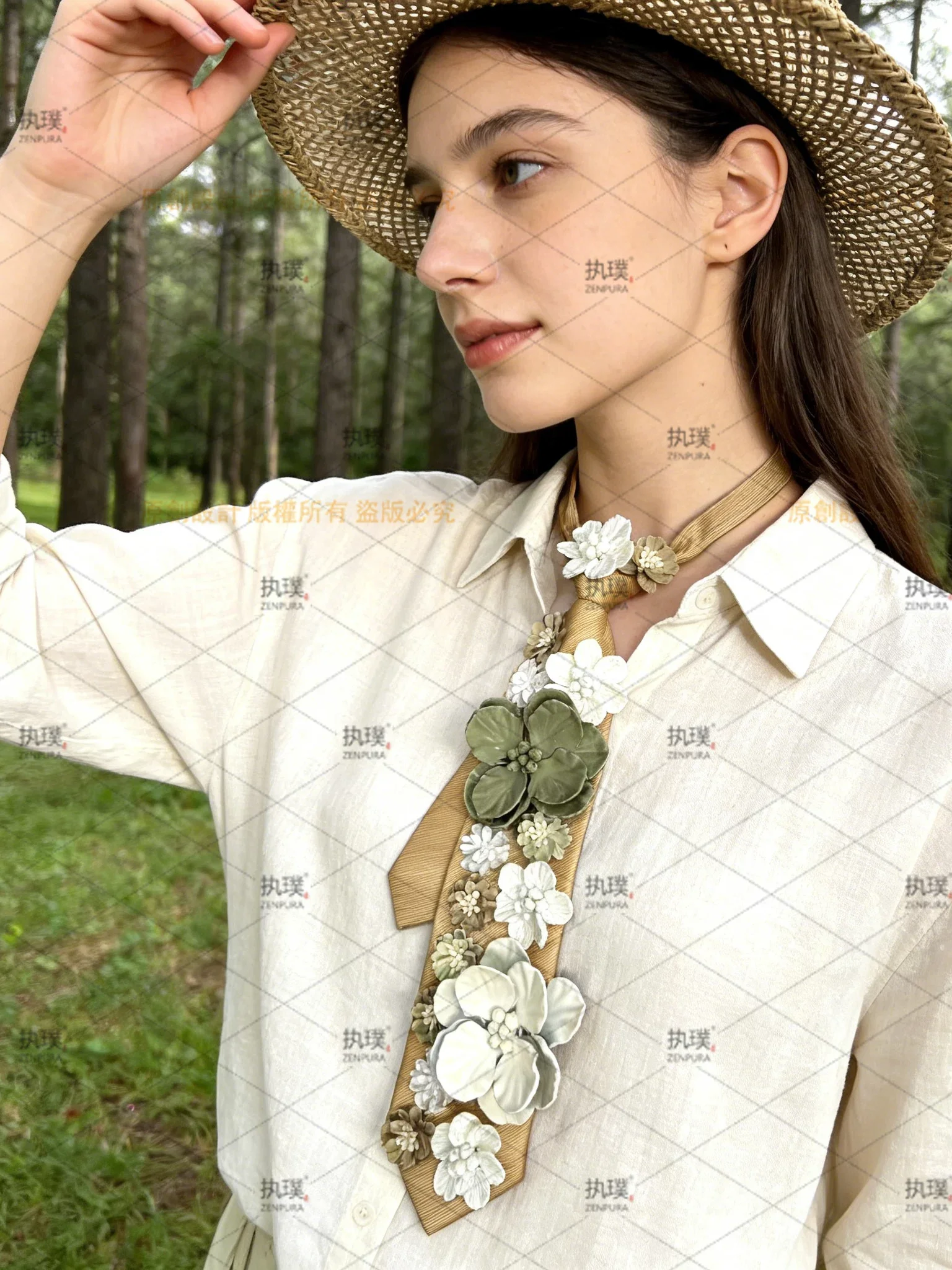 Women's Vintage 3D Floral Neck Tie Fashionable Forest-Style Retro Shirt Accessory Tie
