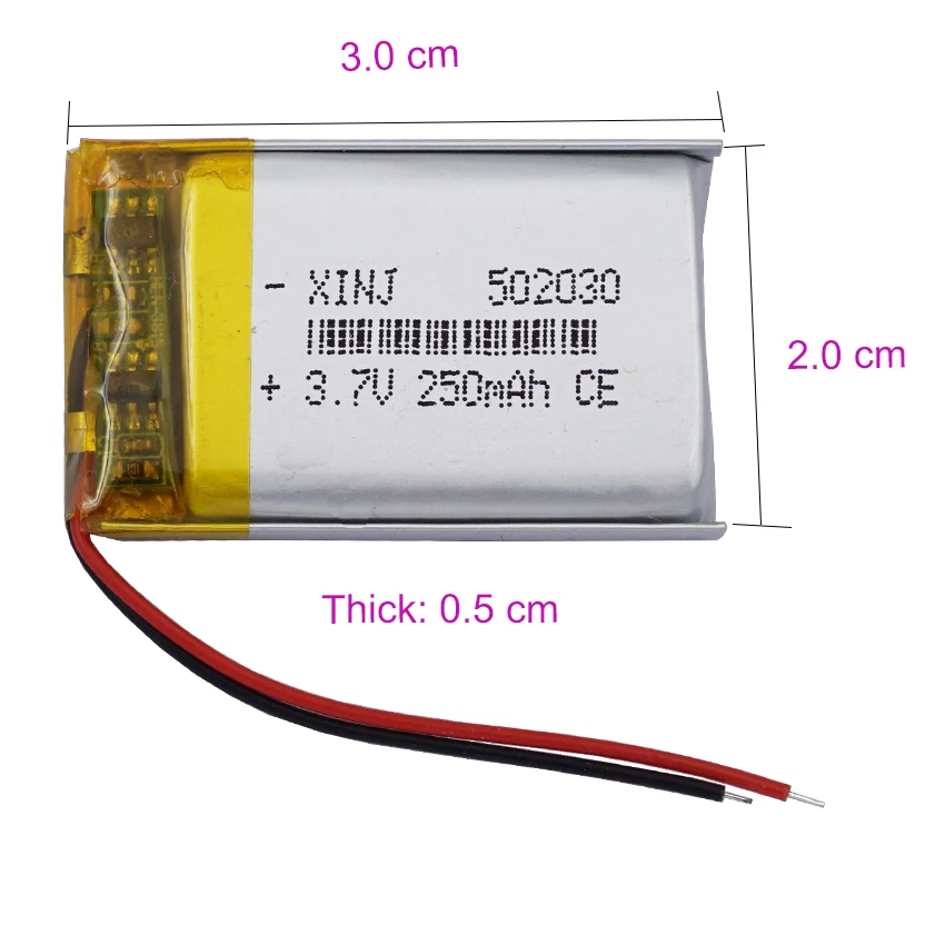 2pcs 3.7V 250mAh 0.925Wh 502030 Li-Polymer Replacement Lipo Rechargeable Battery JST 2Pin 1.0/1.25/1.5/2.0/2.54mm Connector plug