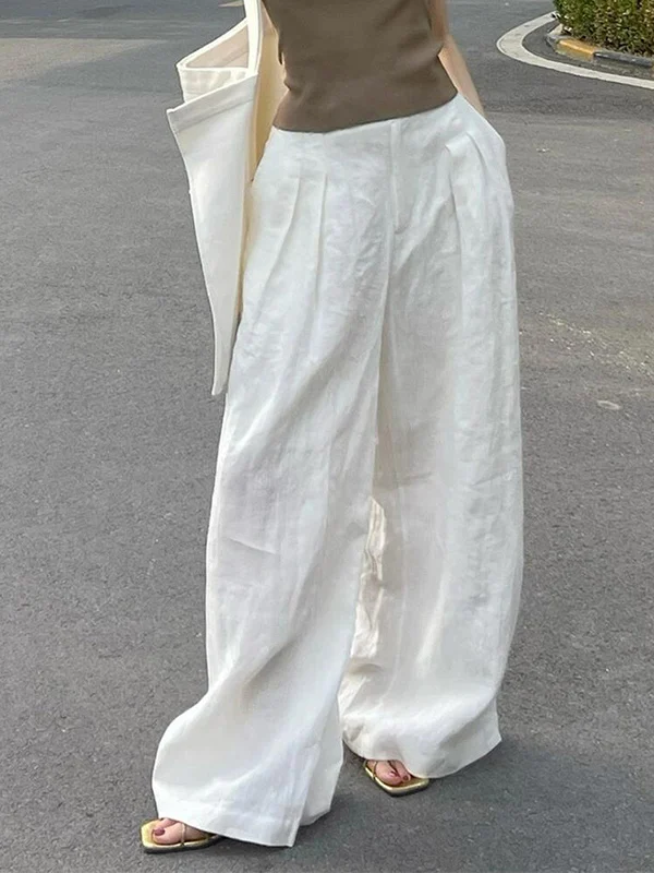 

Summer 2025 New Korean Sle Wide Leg Pants Women's Pleated Design Slimming Drape Casual Cotton Linen Trousers High Waist Str...