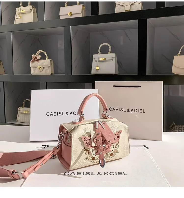 Tas bantal kupu-kupu warna merah muda modis tas tangan wanita bertekstur kualitas tinggi dompet genggam mewah tas kurir bahu