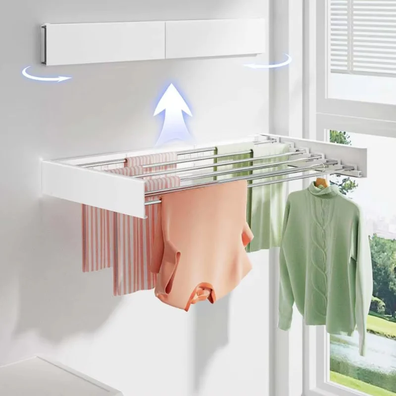 

Stainless Steel Balcony Clothes Hanger Indoor Wall Mounted Windproof Invisible Foldable Towel Shelf for Bathroom Hidden Design
