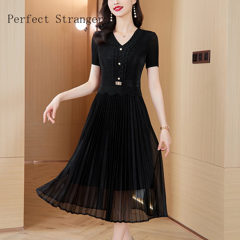 2025 Summer V-neck Dress for Women Short Sleeves Printed Bead Mesh Spliced Pleated V Collar Women Long Dress