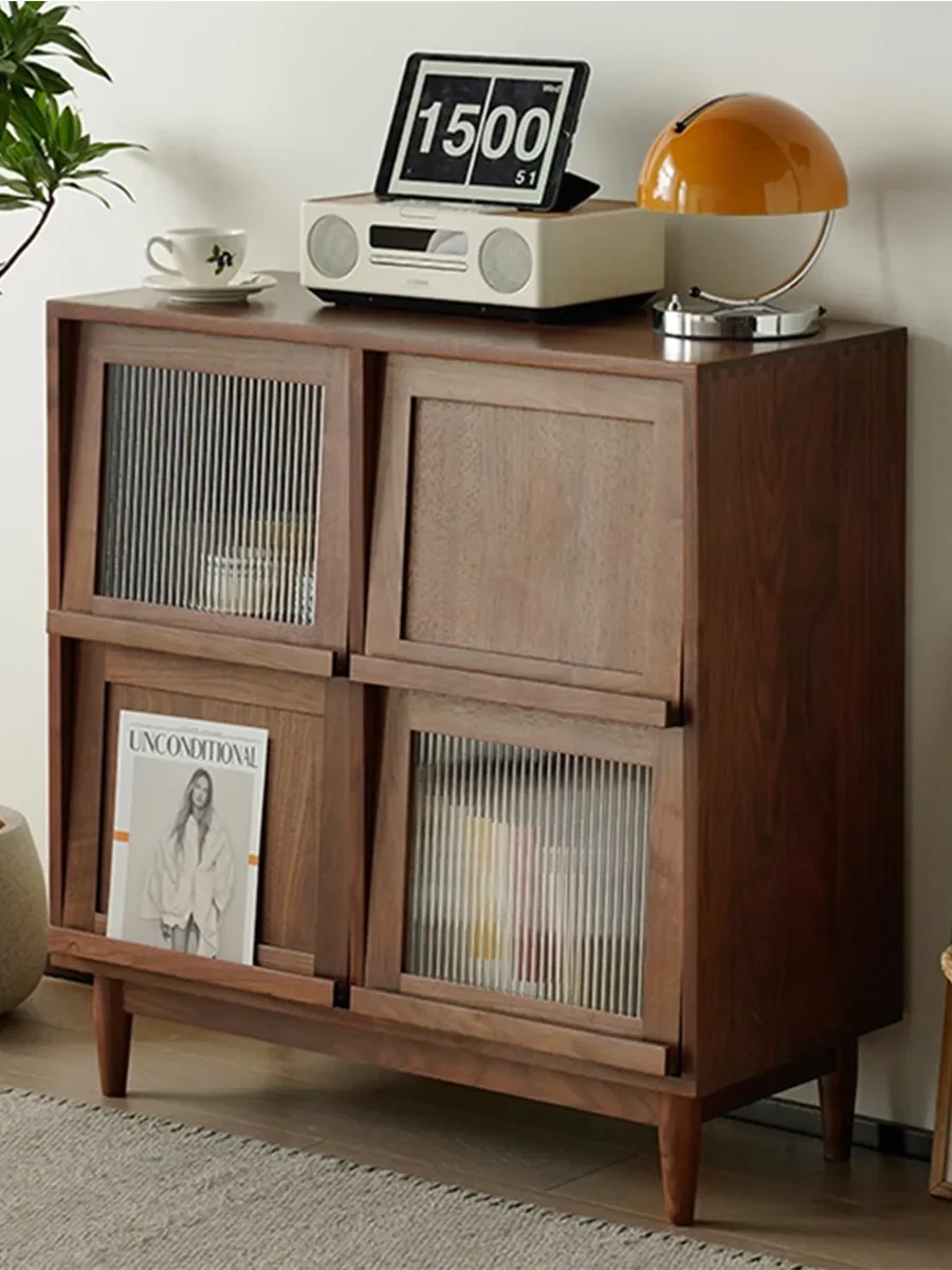 Solid wood magazine cabinet glass sofa side cabinet rattan simple small apartment tea locker