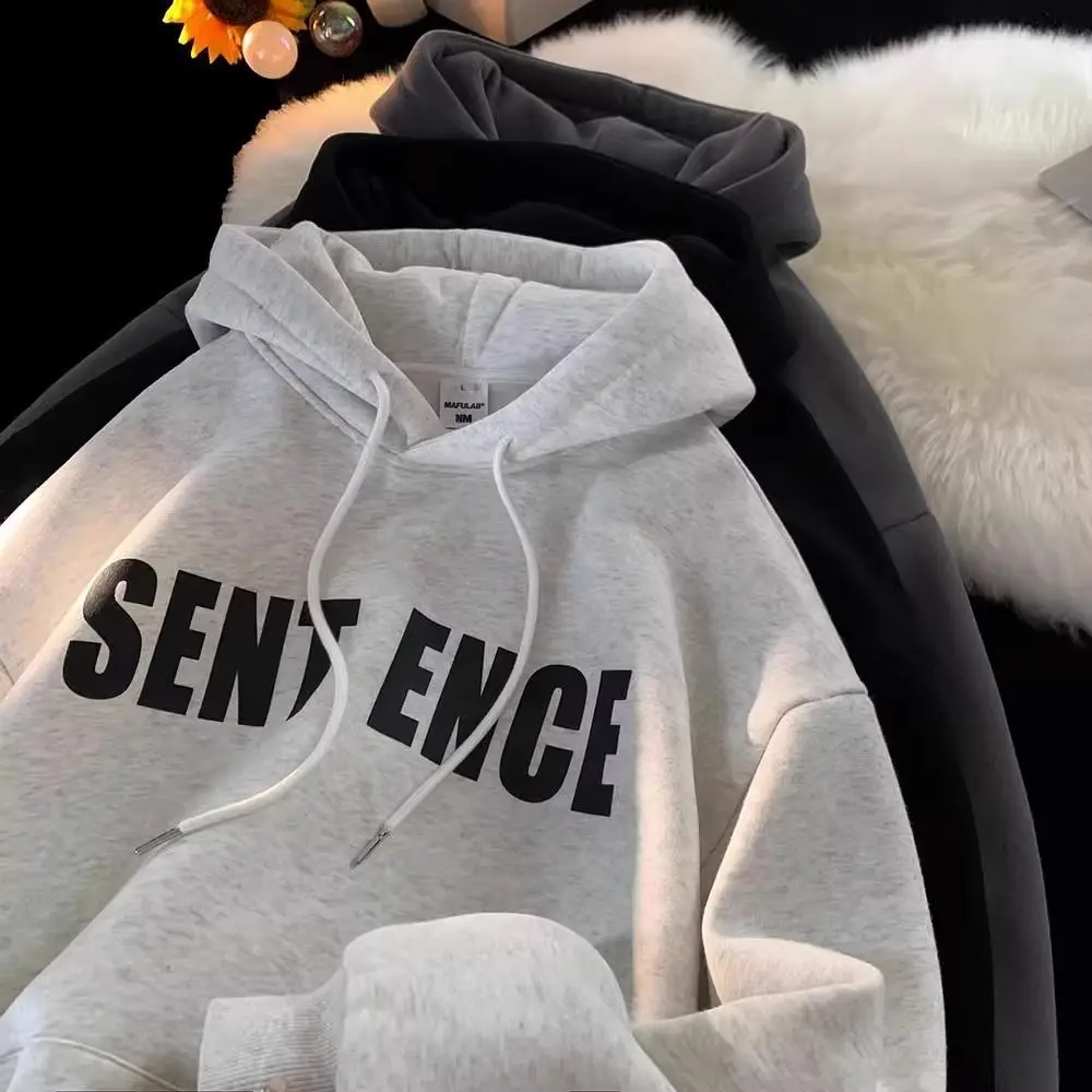 Long-sleeved fleece pullover with American-Hong Kong style oversized hooded pullover 2026 new style couple's pullover for men