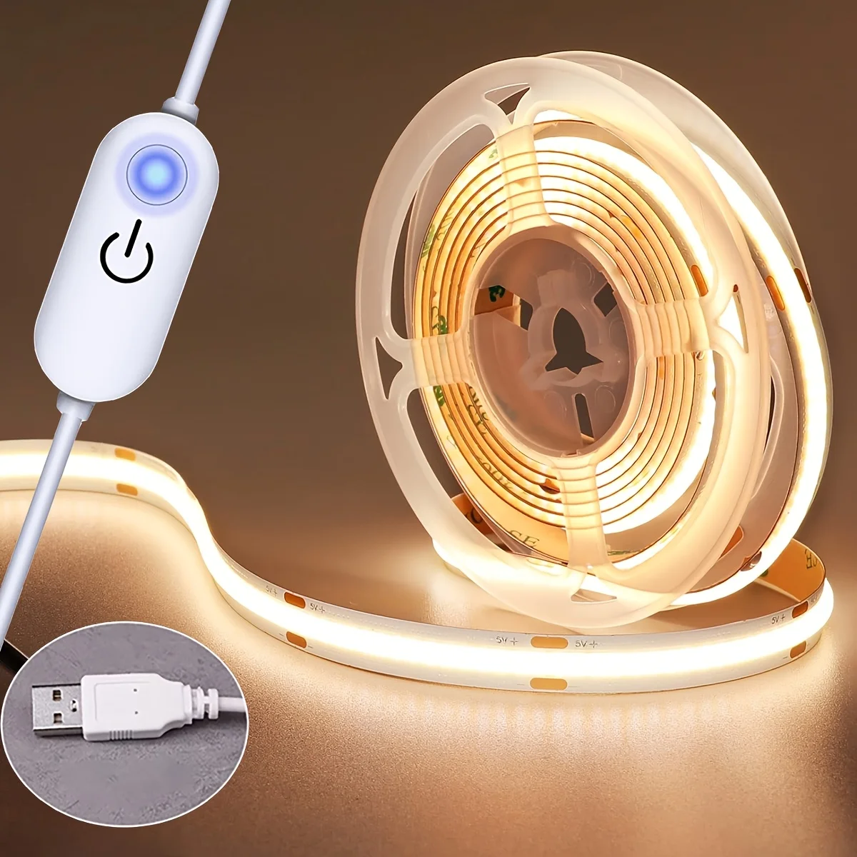 5V USB COB LED Strip, Smart Touch Dimmer Flexible Tape Light for TV PC Backlight, Room DIY and Wall Decor