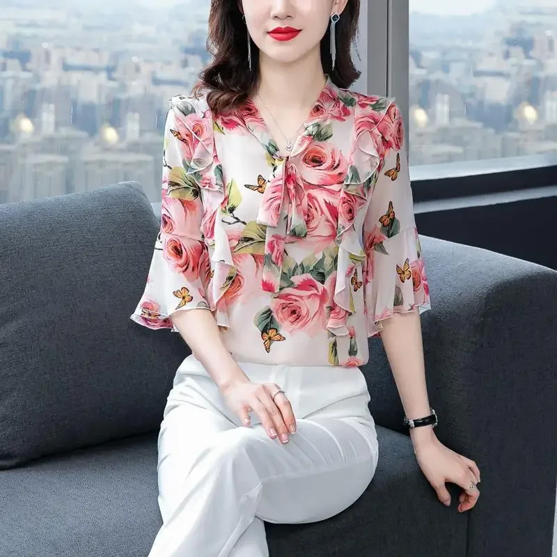 Office Pink Ruffle Tops sweet lady top Flower Print Blouse Women Summer Chiffon Shirt Fashion female Short-sleeve Blusas Mujer