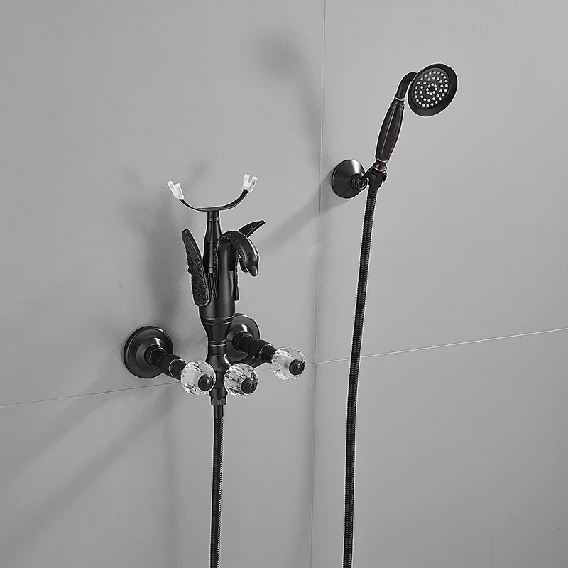 

Black Bathtub and Shower Faucet Set Wall Mounted Gold Swan Bathtub Faucet, Bathroom Cold and Hot Bath and Shower Mixer Tap Brass