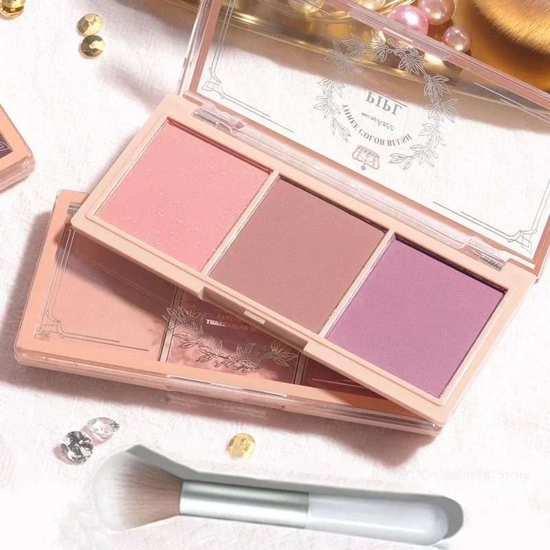 Paleta de rubor de melocotón de 3 colores, polvo mate, tinte para mejillas, colorete facial, maquillaje de sombra de contorno de color naranja de larga duración multifuncional
