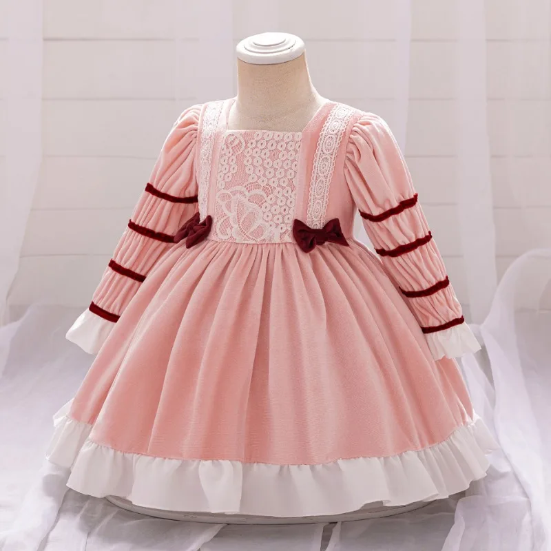 Kids Pink Spanish Lolita Vintage Princess Ball Gown Lace Print Design Baby Birthday Gift Children Turkey Dresses for Girls