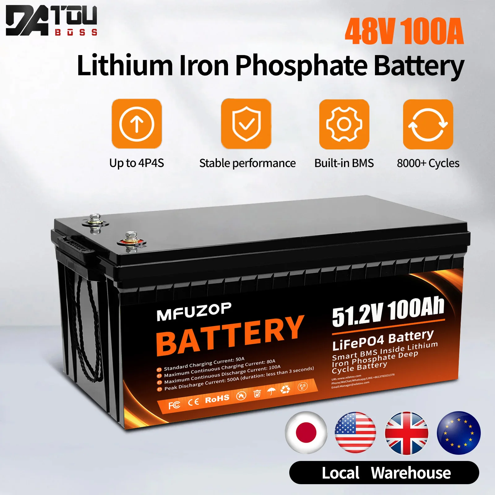 

DATOUBOSS 48V100A 5120Wh LiFePO4 Поддержка аккумулятора 4P4S Защита BMS 8000 циклов для автофургона с солнечной батареей