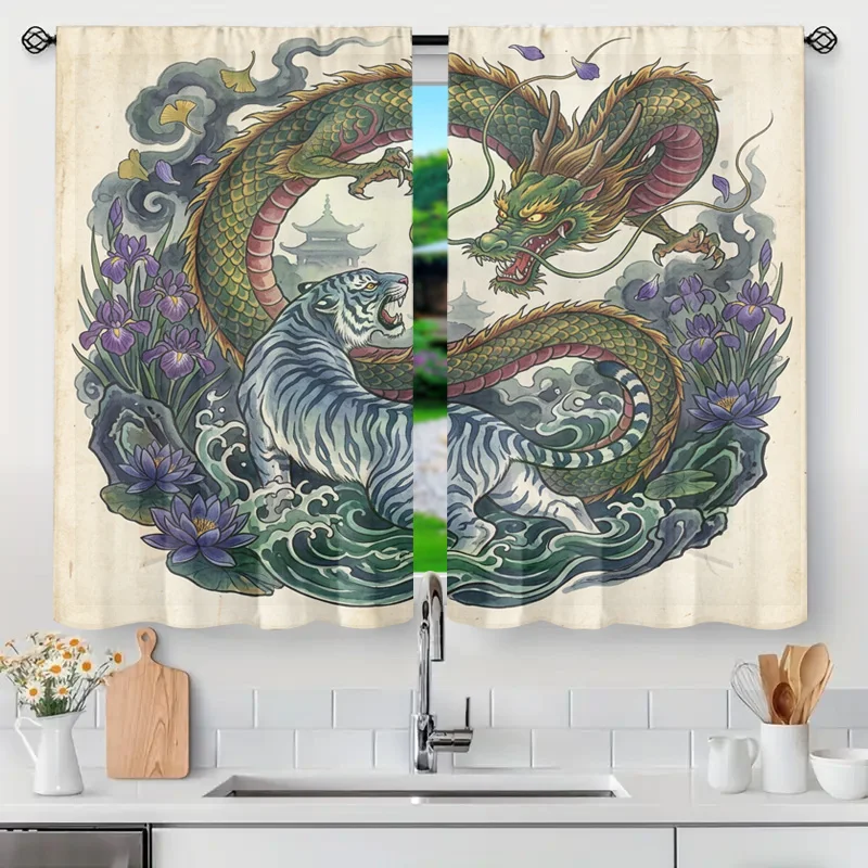 Luxury Asian Dragon Art Curtain Panel Watercolor Feng Shui Window Curtains Semi Sheer Daytime Sunlight Filter Decorative Bathroo