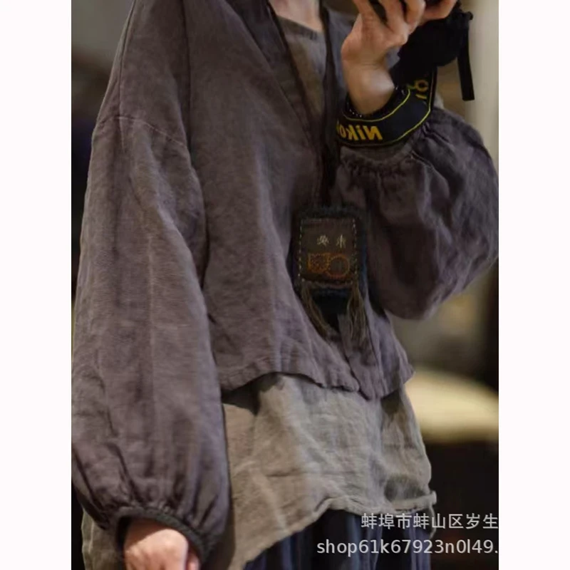 

Spring Autumn Arts Style Women Single Button V-neck Loose Short Coat Good Quality Cotton Linen Lantern Sleeve Vintage Jackets 28
