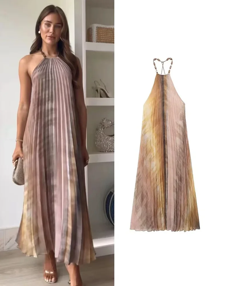 

New Tie Dyed Pleated Midi Dresses For Women Fashion Beading Halter Collar Dress Elegant Casual Sexy Thin Party Dresses