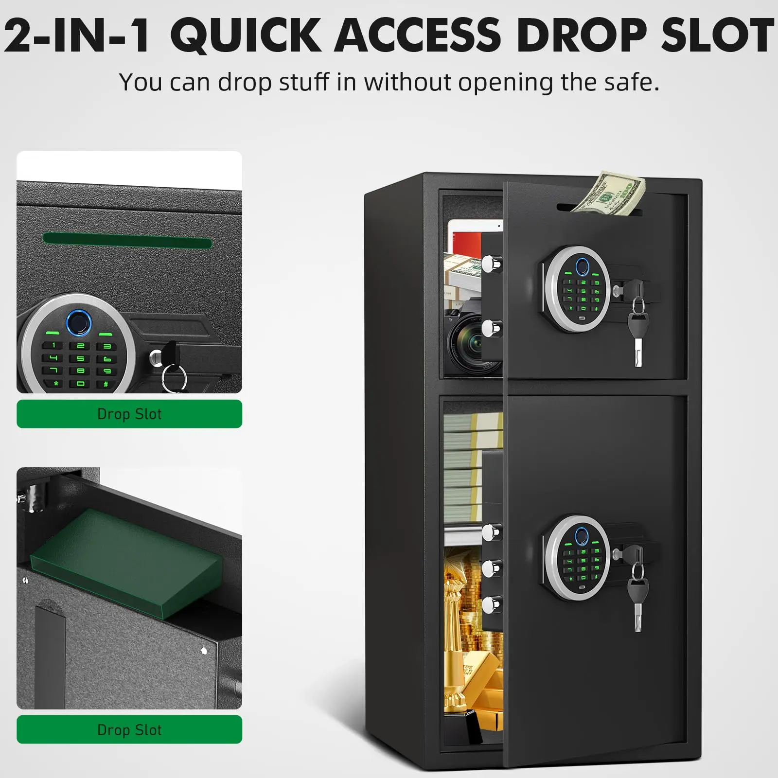 [2025 NEW] 6.0 Cub Fingerprint Money Safe with Drop Slot & Metal Deposit Storage Box, Large Home safe Fireproof Waterproof