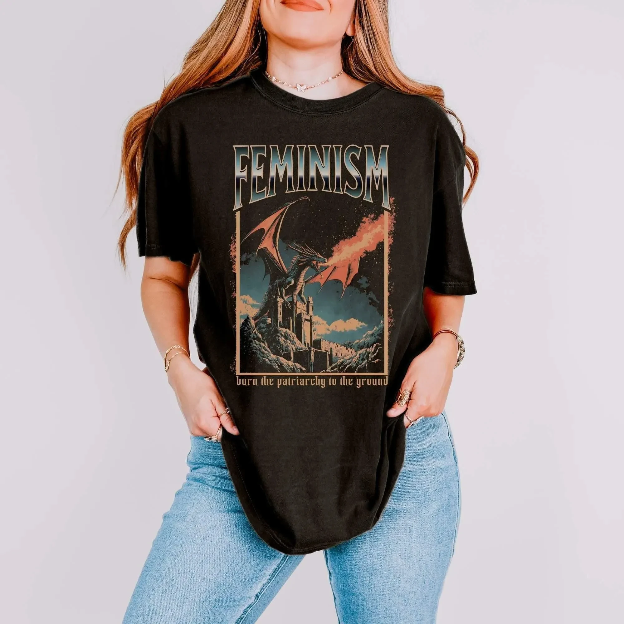 Vintage 90s Feminism Dragon Shirt Burn The Patriarchy Dragon Tee Funny Feminist Protest T Shirt 90s Style Fantasy Dragon Tee