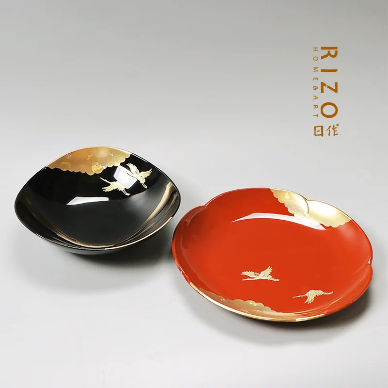 Japanese Imported Yamanaka Shikki Lacquerware Resin Lacquerware Gold Foil Auspicious Crane Tray Fruit Ware