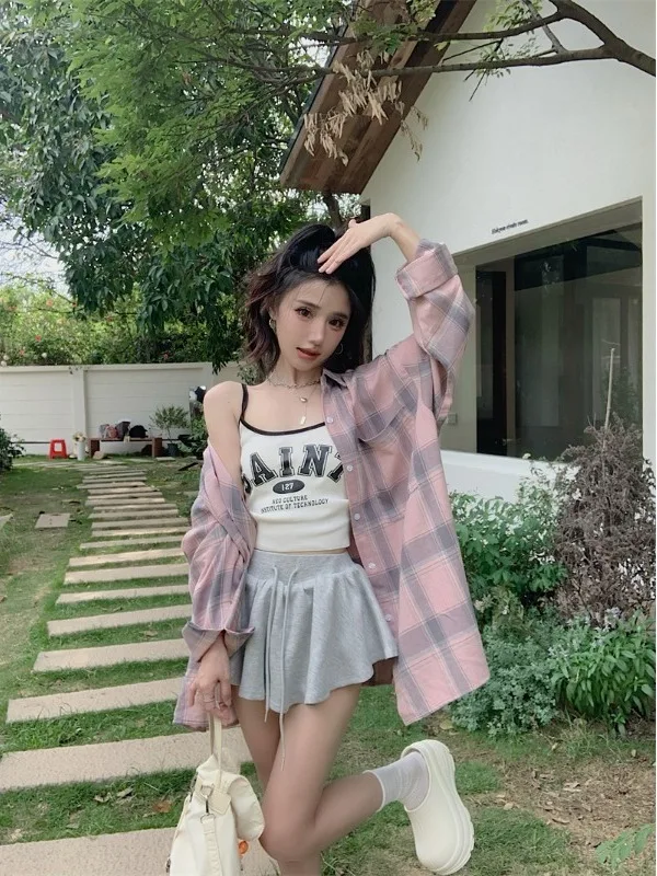 الكورية الرجعية الوردي منقوشة بولو طوق طويلة الأكمام قميص للنساء الخريف Harajuku عادية فضفاض تنوعا ملابس خارجية القمم سترة