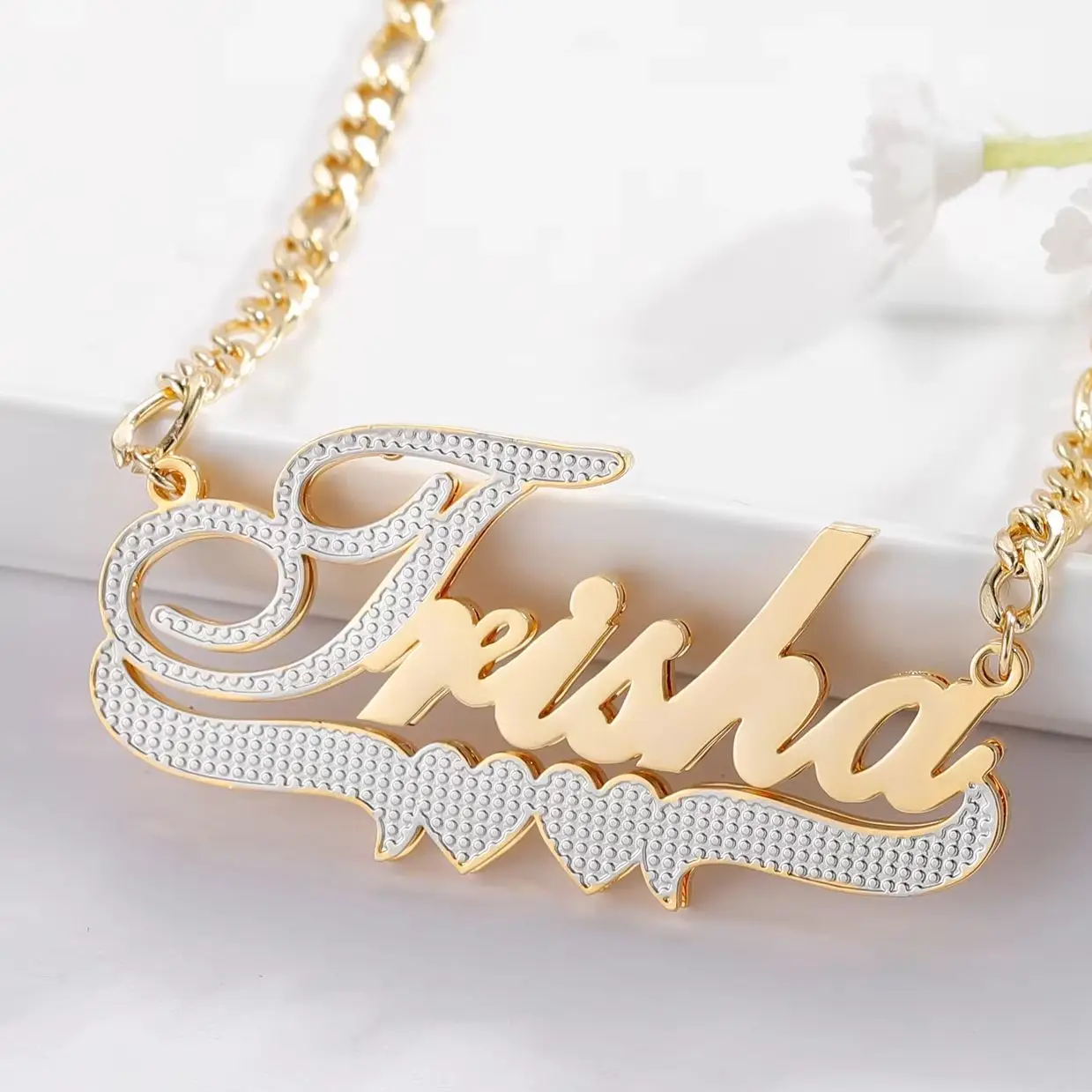 

Custom Nameplate Necklace 3D Pendant Necklace Personalized Two-Tone Double Layer 18k Gold Plated Custom Name Jewelry For Women
