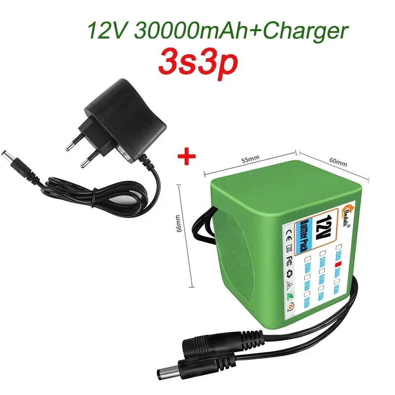 12V 50000mAh Lithium Battery Pack 18650 Rechargeable Battery With BMS Charger 3S5P For Fishing Bicycle Large Capacity Batteries