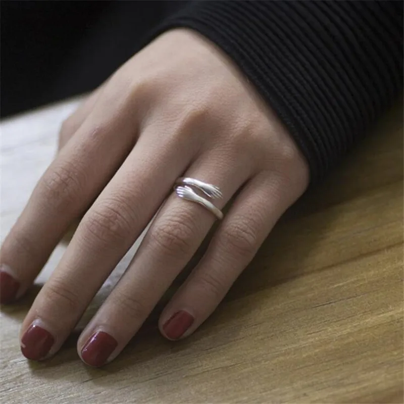 New Creative Personality Simple Fashion 925 Sterling Silver Jewelry Hug Hand Peace Love Exquisite Opening Rings  R092