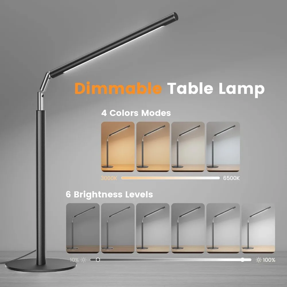 16 Inch Adjustable Metal LED Desk Lamp, 15W 1200 Lumens Bright Modern Tall Reading Light, Black Eye-Care Table Lamp for Home Office Study - view 2