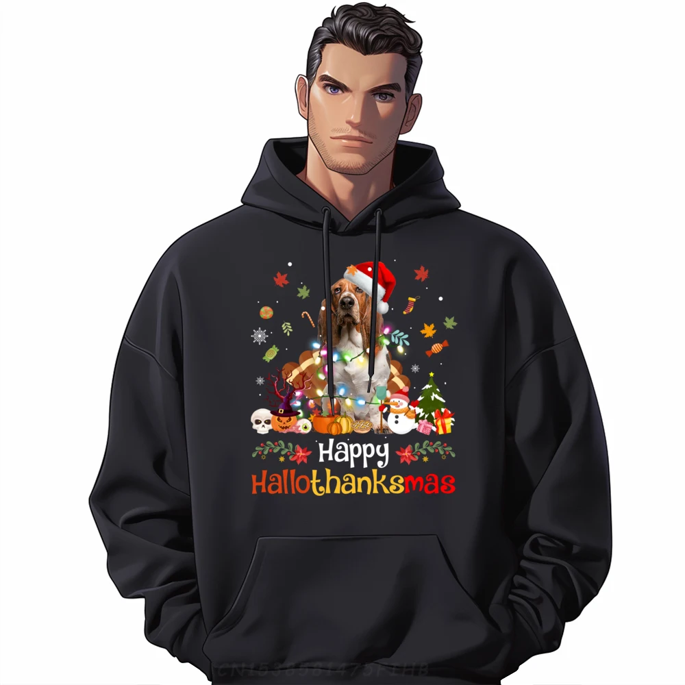 

Happy Hallothanksmas Reindeer Santa Turkey Basset Hound Designer Hoodies Men's Clothing 2024 Character