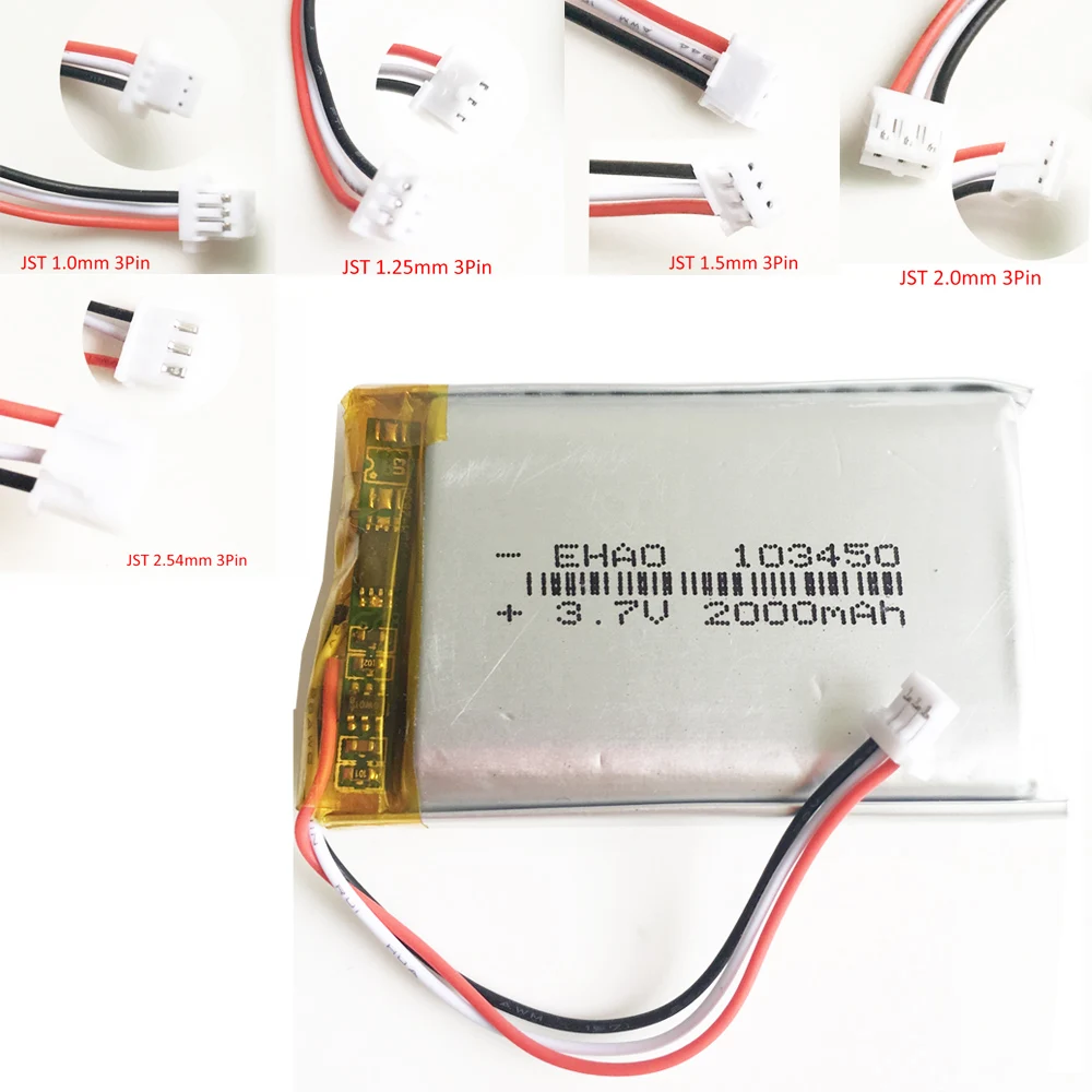 3.7V 2000mAh litowo-polimerowa LiPo akumulator JST 1.0/1.25/1.5/ 2.0/2.5 złącze 3Pin do kamery DVD PAD GPS 103450